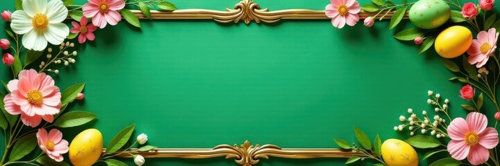 Vintage green gold floral Easter frame, ornate design , floral frame, spring frame, retro