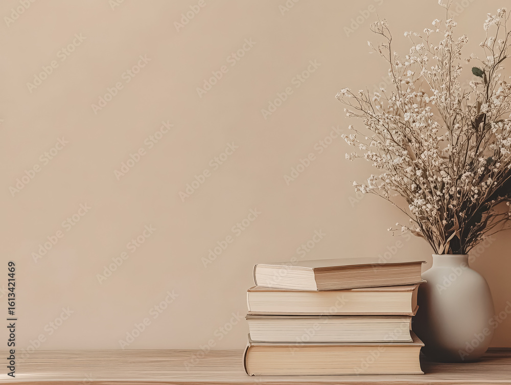 Aufkleber stack of books and a vase of flowers sit on a table. the books are arranged in a neat stack, and the