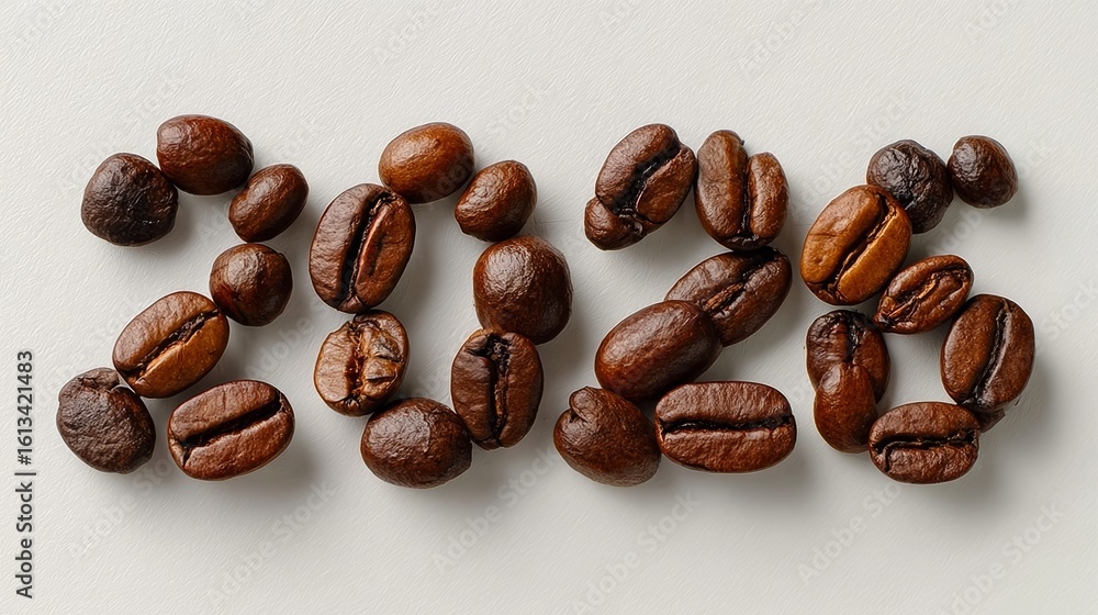 Poster close up of coffee beans with the year 2016 written in between them. the coffee beans are scattered 
