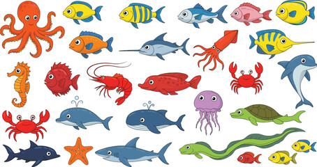 Colorful cartoon sea animals, ocean fish, octopus, shark, dolphin, crab, jellyfish, seahorse, marine creatures illustration, underwater wildlife, aquatic vector clipart