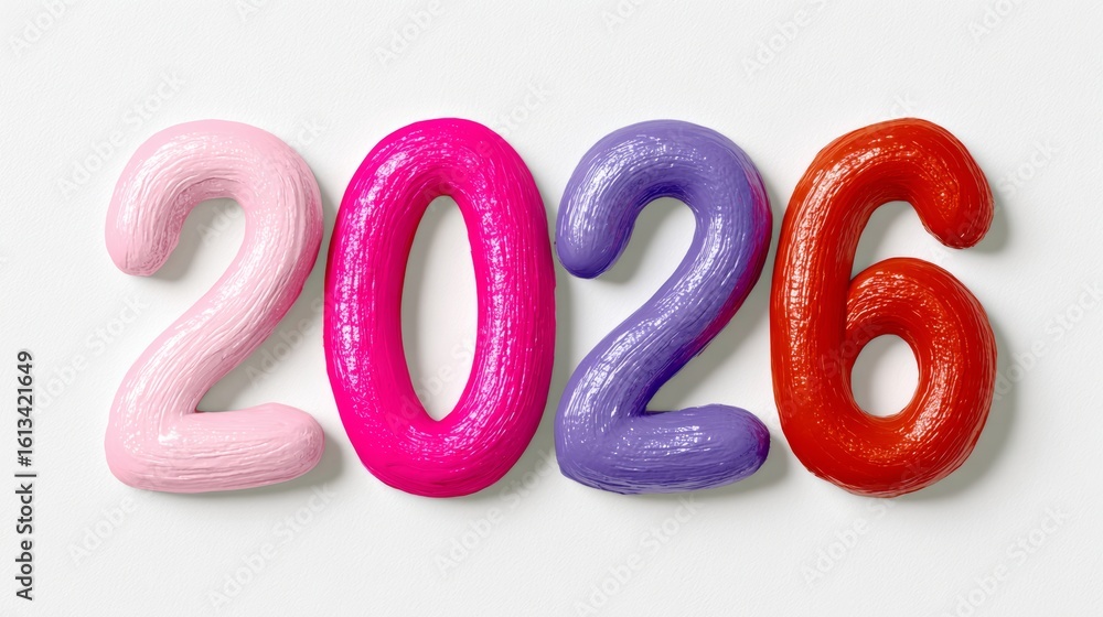 Poster the year is 2026 and it is a colorful and playful representation of the number. the letters are made