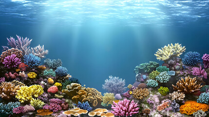 Fototapeta premium Vibrant coral reef underwater scene. Sunlight streams through the water, illuminating a diverse array of colorful corals in a healthy ecosystem