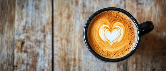 Fototapeta premium Overhead shot of elegant black coffee cup with heart foam art on soft light wood table