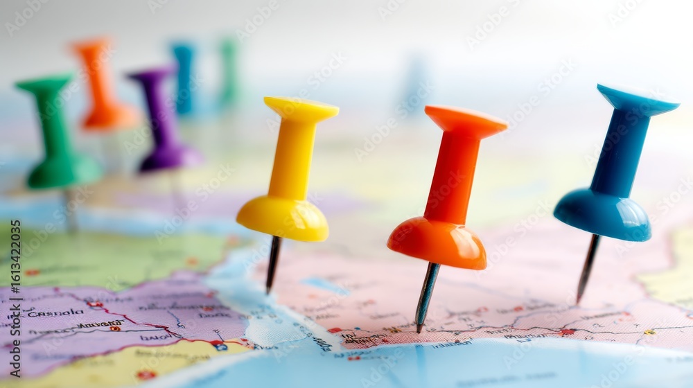 Poster map with a bunch of colorful pins on it. the pins are pointing to different locations. the map is a 