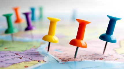 Map with a bunch of colorful pins on it. The pins are pointing to different locations. The map is a representation of a journey or a trip