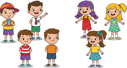 Cartoon kids smiling, happy boys and girls, colorful clothes, summer fun, playful children, cute characters, group of kids illustration, joyful child scene, outdoor fun