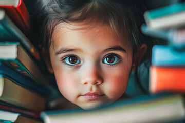 Young girl is looking at the camera with her eyes closed. She is surrounded by a pile of books