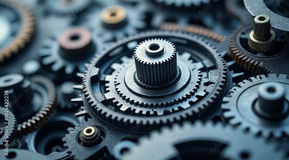 Poster gears interlocked in complex arrangement create mesmerizing mechanical display, showcasing intricate