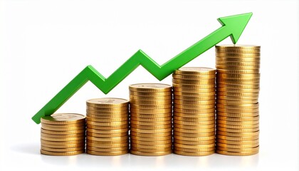 "Stacks of gold coins arranged in ascending order with a green upward arrow above, symbolizing financial growth, increasing wealth, and positive investment returns."