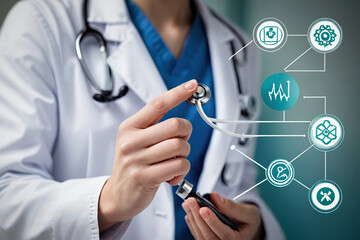 Doctor interacting with medical information and data icons