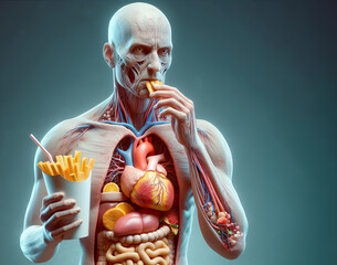 Anatomical man eating french fries showing the effects of an unhealthy diet. AI Generated