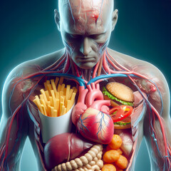 Man suffering from chest pain with fast food replacing organs. Unhealthy diet. AI generated