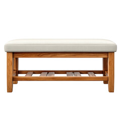 Stylish minimalist bench for foyer entryway in natural wood with soft cushion and open storage space underneath