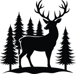 Silhouette vector of a deer with pine trees and forest scenery, deer with pine trees and forest scenery illustration