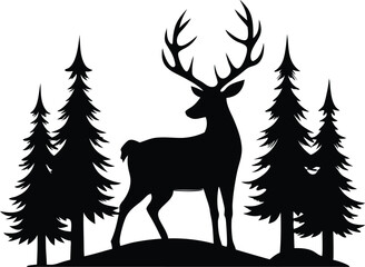 Silhouette vector of a deer with pine trees and forest scenery, deer with pine trees and forest scenery illustration