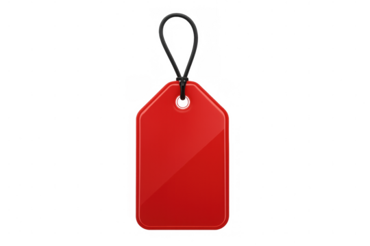 Shiny red label hanging with black string on a transparent background, perfect for sales and promotions