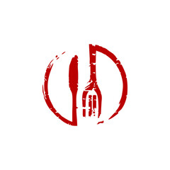 Distressed Red Cutlery Icon: Knife and Fork Silhouette in Circular Frame