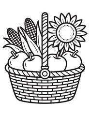 Obraz premium Thanksgiving Basket Full of Apples, Sunflowers, and Corn – Fall Harvest Still Life Line Art Coloring Page for Kids