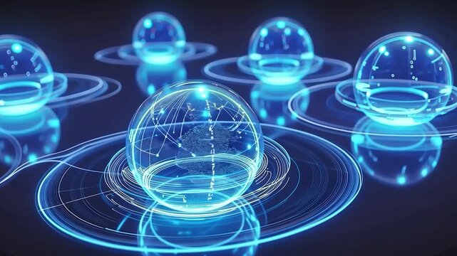 Holographic globes with glowing network patterns