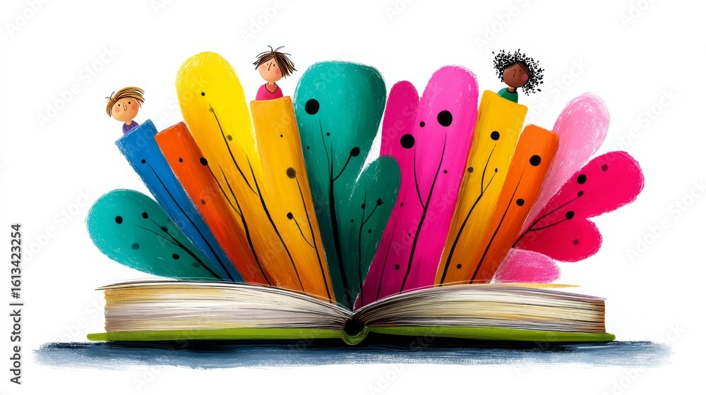 Aufkleber colorful book with children on the pages. the book is open to a page with a tree on it