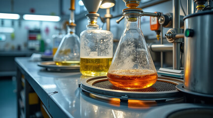 Biodiesel concept ,Laboratory setup with glassware, biodiesel extraction process, vibrant colors, and scientific equipment