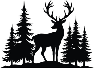 Silhouette vector of a deer with pine trees and forest scenery, deer with pine trees and forest scenery illustration
