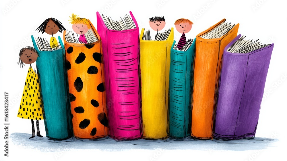 Poster group of children are sitting on top of a row of books. the books are of different colors and sizes.