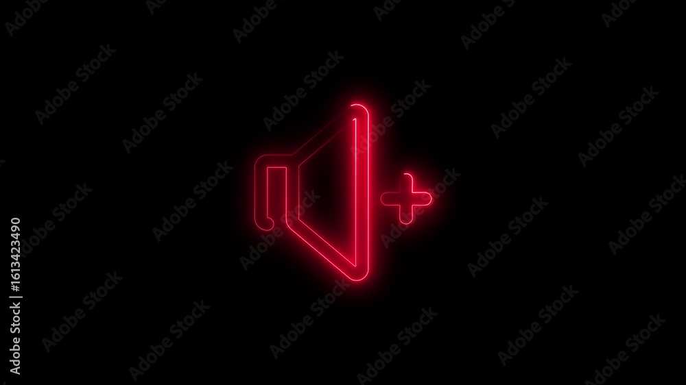 Poster red neon speaker volume up icon animation on black background amplifying sound level indicator
