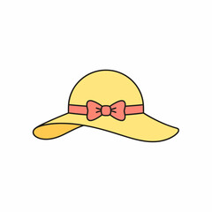 Cartoon Yellow Sun Hat with Pink Bow Black Outline Summer Accessory.