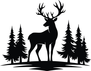 Obraz premium Silhouette vector of a deer with pine trees and forest scenery, deer with pine trees and forest scenery illustration vector