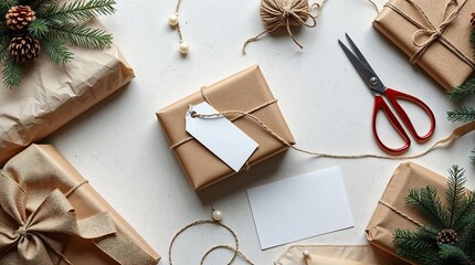 Gift Wrapping Flat Lay with Twine and Tags — Perfect for DIY Christmas Promo or Tutorial Background