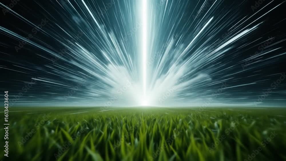 Poster abstract light explosion over lush grass field video background with motion effect