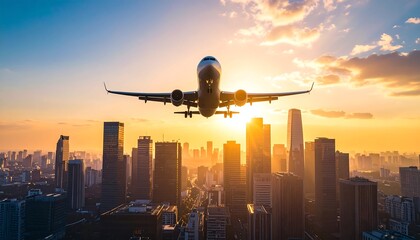 Airplane flying over a modern city skyline during a vibrant golden sunset travel and transportation concept