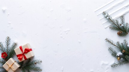 White snowy textured surface with gift boxes and fir branches arranged along the sides — top view, center left clean