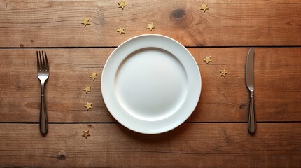 Flat Lay Christmas Table with Gold Stars — Ideal for Menu Design or Food Branding
