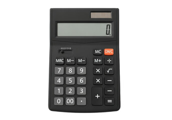 A sleek, modern matte black electronic calculator with a solar panel, grey LCD screen, dark grey numerical and operational buttons, and a distinct orange 'ON/C' button, perfectly centered on a pure