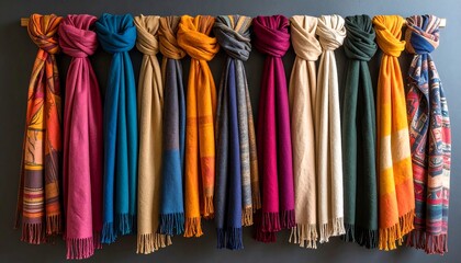 Colorful scarves displayed on a wall