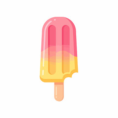 Bitten two-tone fruit popsicle with glossy pink and yellow layers on a stick.