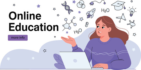 Online Education and E-learning Banner with Female Student, Laptop, and Abstract STEM Symbols for Remote Learning, Digital Courses, and Knowledge Acquisition; Vector Illustration