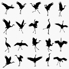 Collection of twenty-four elegant crane silhouettes in various poses.