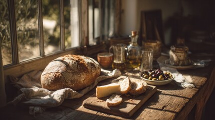 Rustic outdoor dining setup with bread, cheese, and olives in a sunlit garden