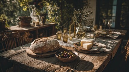 Rustic outdoor dining setup with bread, cheese, and olives in a sunlit garden