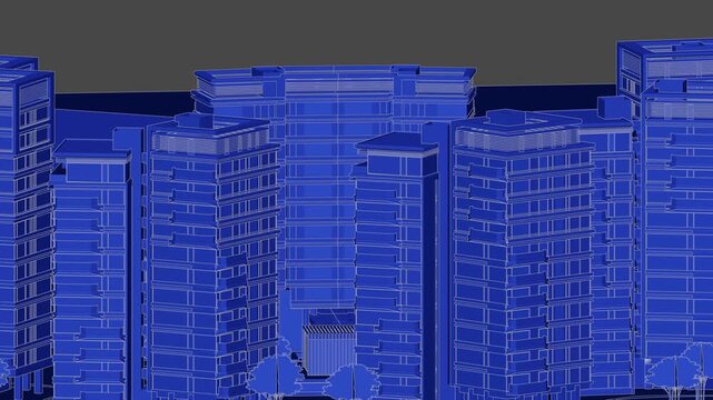 Animation of a Generic Apartment Complex, Seamless Looped Animation, linework, 3d blueprint