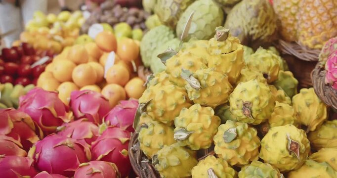 Fruits, dragon fruit and kiwis shine at Fruits in Lavradores Market, Madeira Island