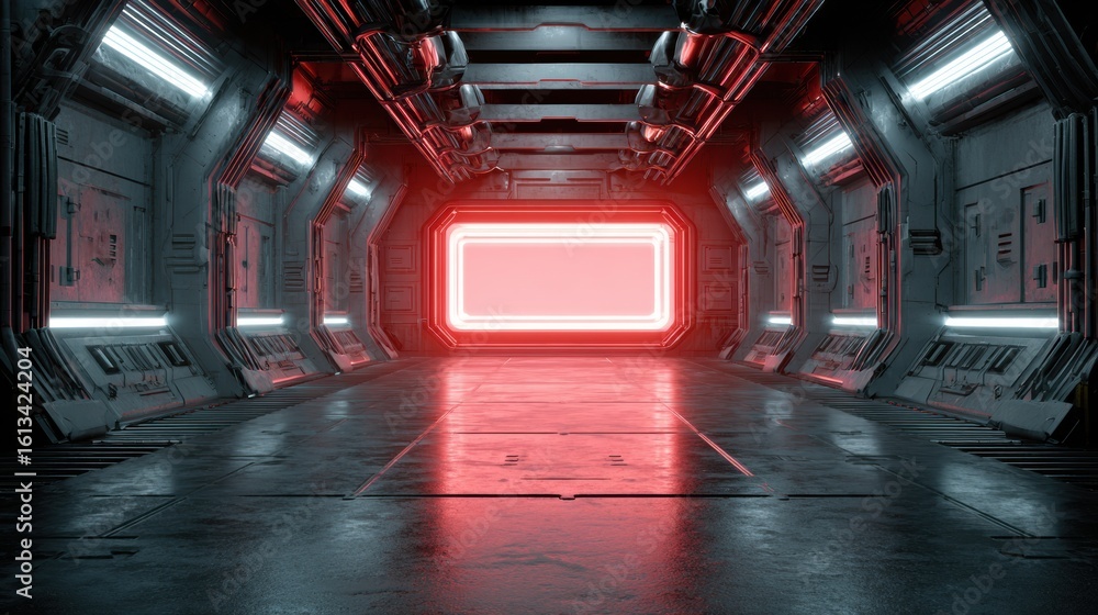 Poster futuristic led sign mockup positioned within a sci-fi corridor featuring a glowing blank zone for cu