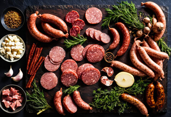 Busy butcher shop counter packed with assorted fresh meats including steaks, sausages, salami, ham, ground beef and poultry pieces in rustic metal trays under bright shop lighting.