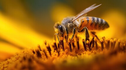 Bee collecting pollen from vibrant yellow flowers in a sunny garden during springtime