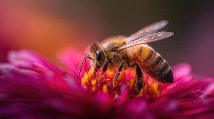 Bee collecting pollen from vibrant yellow flowers in a sunny garden during springtime