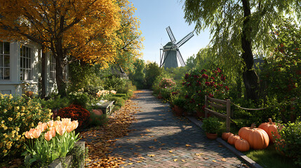 Autumn Dutch Garden With Tulips, Dahlias, Pumpkins, Apple, Brick Path, Windmill