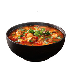 Delicious hot chicken noodle soup with fresh herbs in a black bowl isolated on transparent background